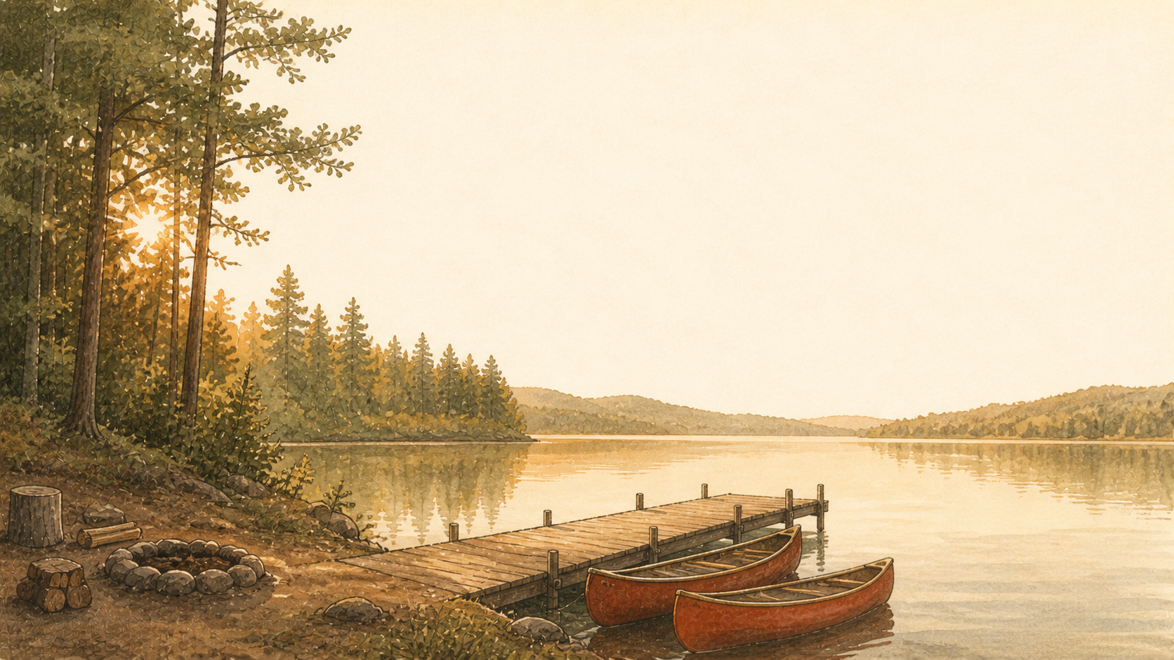 A summer camp at golden hour: a wooded lakeside, a wooden dock, two canoes.