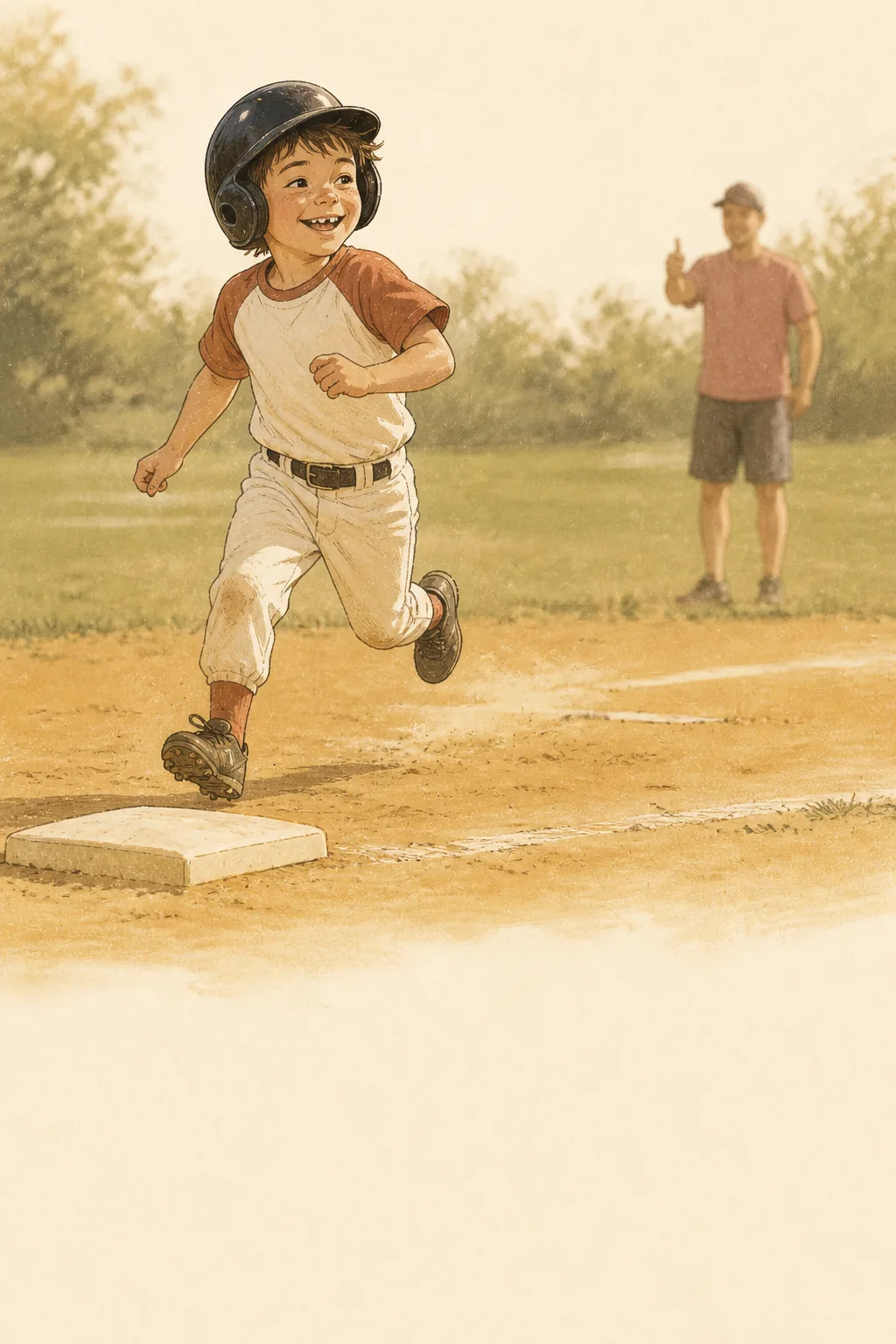 A six-year-old in a tee-ball uniform running toward first base, joyful and unbothered by technique. Coach giving thumbs-up in soft background, chalk lines suggested on field.